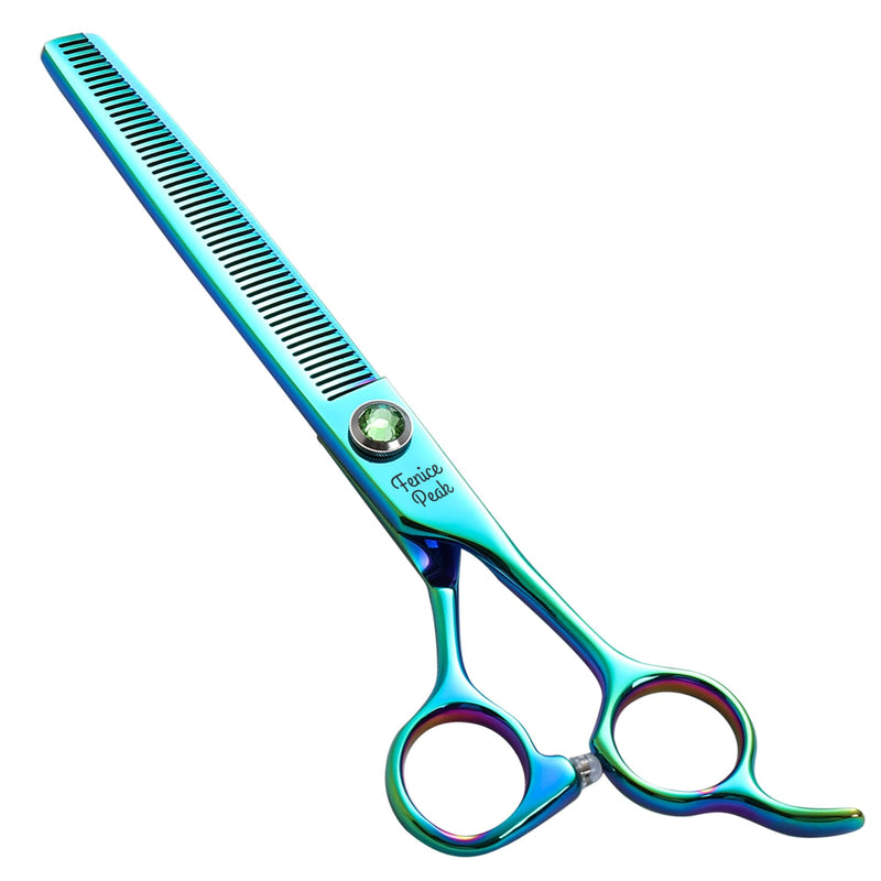 FENICE PEAK 7'' Green Thinning Dog Grooming Scissors Pet Shears with Ergonomic Offest Handle and Simulated Emerald Screw 440C Grooming Scissors Trimming Shears Durable and Sharp Thinner 7"