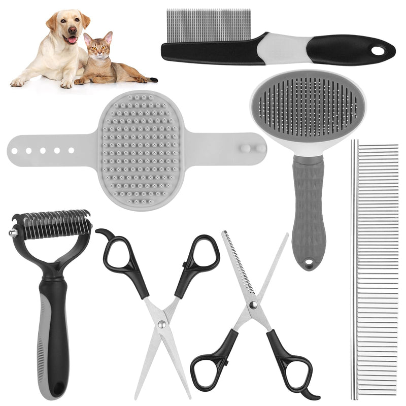 Pet Grooming Kit – Shedding Slicker Brush & Bath Massage Tool for Dogs, Cats, Puppies & Rabbits | Gentle, Easy-Clean Design for Healthy Coats & Relaxing Grooming 8 PCS Gray - PawsPlanet Australia