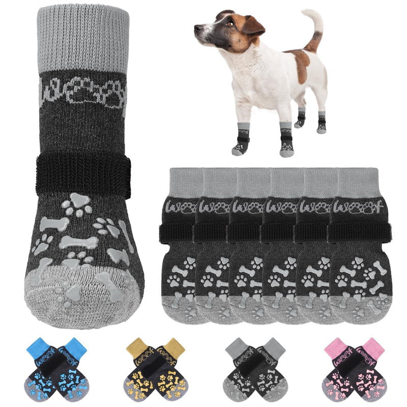 KOOLTAIL Non-Slip Dog Socks for Hardwood Floors, Dog Socks with Grippers for Hot/Cold Pavement, Outdoor Dog Shoes Booties&Paw Protector to Prevent Licking for Small Medium Large Senior Dogs, Grey SM Small/Medium Grey with Woof Pattern - PawsPlanet Australia