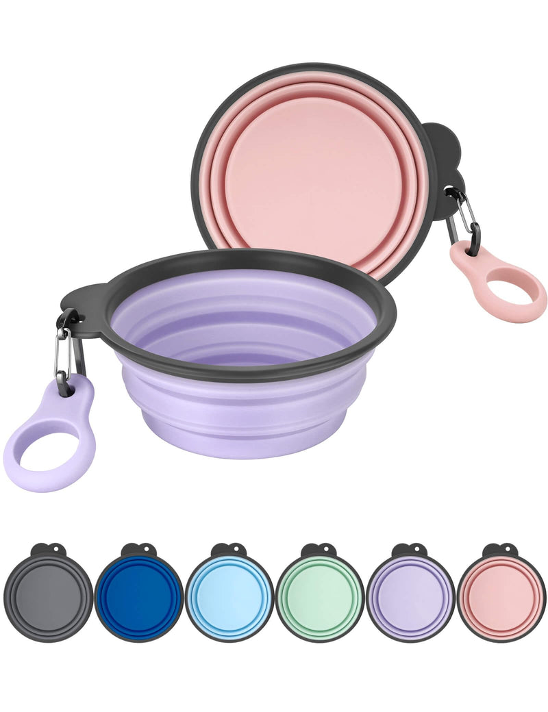 Aonkey Collapsible Dog Bowls with Bottle Carrier, 2 Pack Travel Dog Water Bowl Upgraded Carabiner, One-Piece Molded Rim No Fall Off or Crack, Foldable Silicone Portable for Pets Walking Hiking 37oz Large (Pack of 2) 4. Light Violet & Pink - PawsPlanet Australia