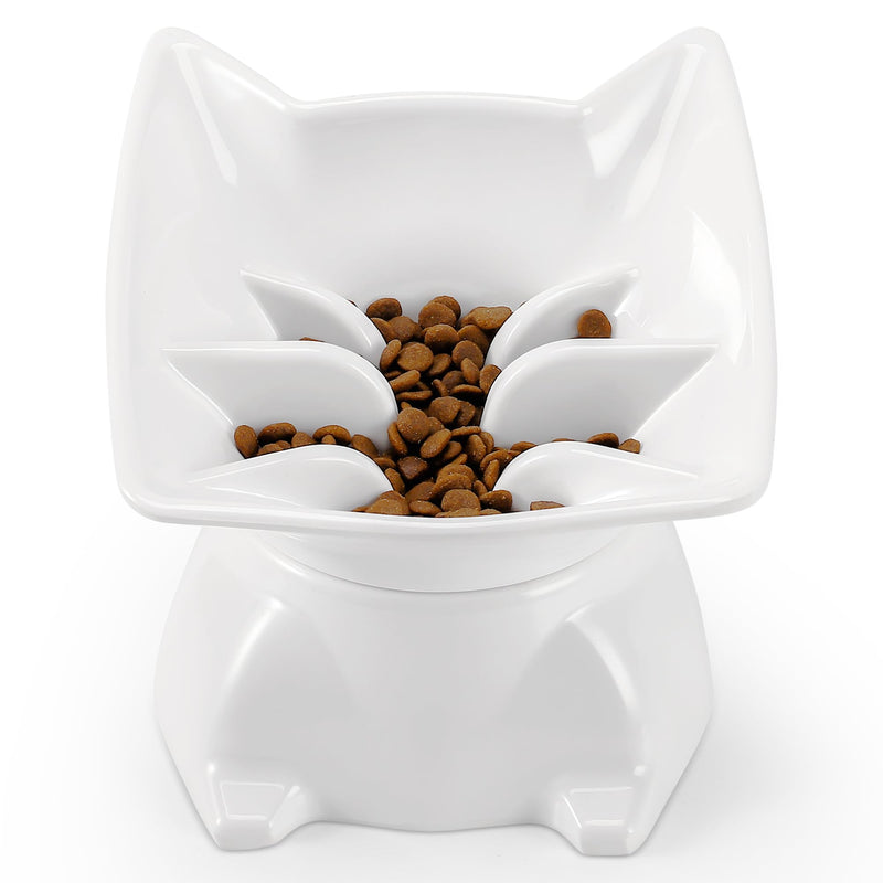 Small Elevated Slow Feeder Cat Bowl, Cute Tilted Elevated Bowls and Dishes for Cats & Small Dogs, Whisker Friendly, Anti Vomiting Raised Pet Bowl for Dry and Wet Food, White - PawsPlanet Australia