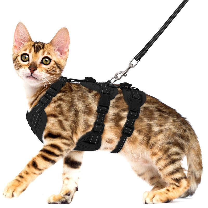 Fully Escape Proof Cat Harness and Leash Set for Walking, Adjustable Soft Kitten Vest with Reflective Strip for Small Medium Large Adult Cats, Breathable Kitty Harness,Black S S(Neck Girth 11in-13.25in) Black - PawsPlanet Australia