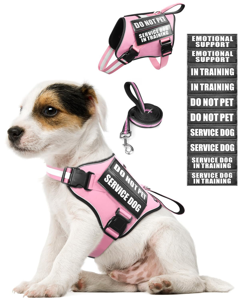 Service Dog Vest Harness and Leash Set+10 Patches for Puppy Small Dogs,Do Not Pet Emotional Support Dog Vest with 2 Soft Padded Handle for Everyday/Training (Pink XS) Extra-Small Pink