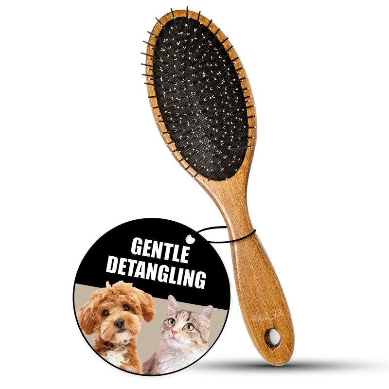 TAURO PRO LINE Wooden Dog Brush for Detangle Long and Short Hair, Wooden Soft Massage Brush for Grooming Haired Dogs and Cats, Flexible Cushion and Non-Slip Grip, Oval, 8,66 x 2,36 inch, Brown Oval S - PawsPlanet Australia