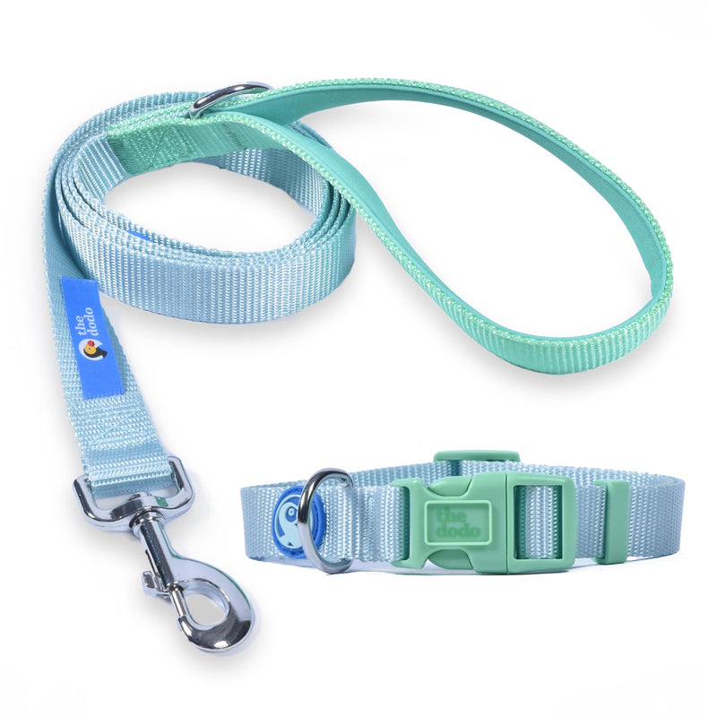 The Dodo All Nylon Blue and Green Collar and Leash Set - Small; Matching Cute Leash and Collar Set, Waterproof Dog Leash and Collar Set, Perfect for Beach Day or Trips to The Lake