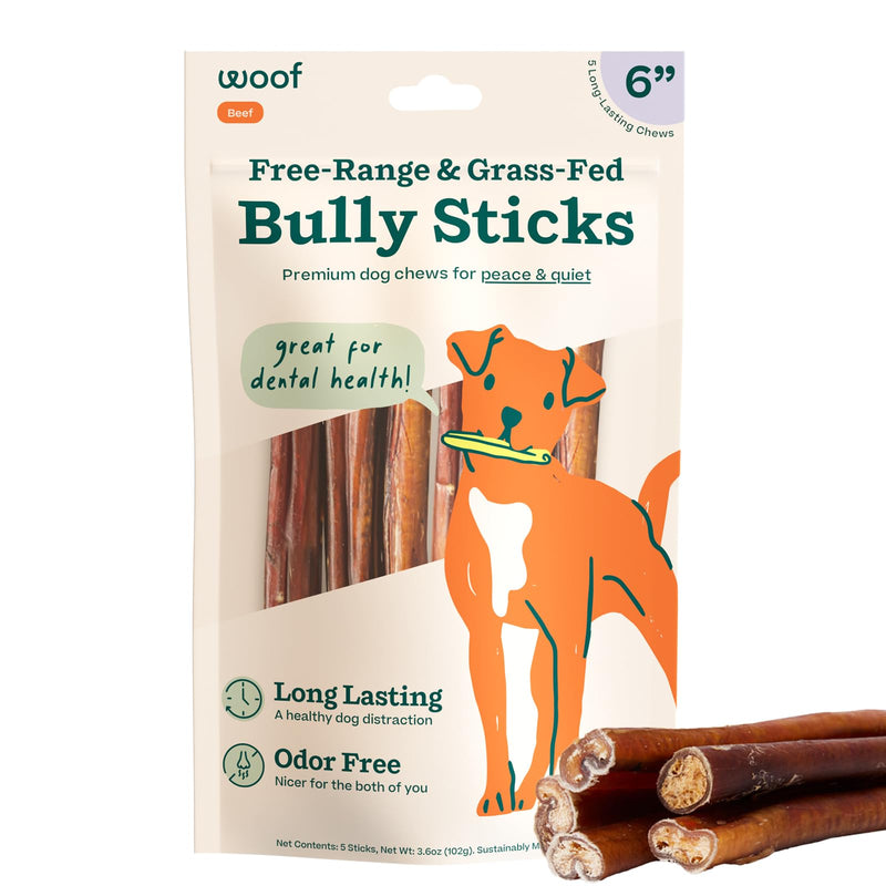 WOOF Bully Sticks Dog Treats - Chew Sticks for Dogs - Long-Lasting Dog Chew Treats - Made with Free-Range, Grass-Fed Beef - 6" Sticks - 5pk 6 Inch (Pack of 5) - PawsPlanet Australia