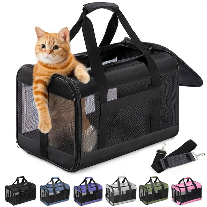 Cat Carrier Airline Approved, Soft-Sided Dog Carrier with Inner Safety Leash, Pet Transport Carrier for Small-Medium Cats Puppies up to 15 Lbs, Collapsible Travel Kitten Carrier Bag -BlackM Medium Black - PawsPlanet Australia