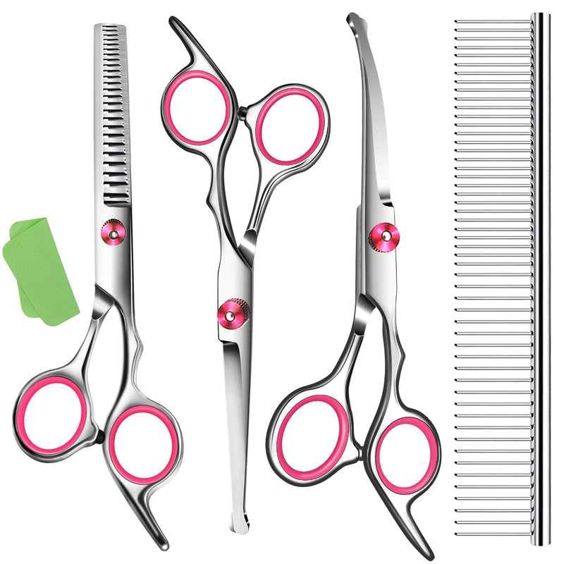Dog Grooming scissors Kit,Includes Curved Thinning straight scissors and Comb, Dog Grooming Shears with Safety Round Tips,pet Grooming kit for Small Dogs&Puppies Pink 5 in 1 - PawsPlanet Australia