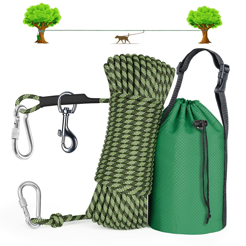 Tresbro Dog Camping Leash, 50ft/75ft/100ft Dog Trolley System for Dogs up to 300lbs, Portable Lightweight Dog Runner Lead for Yard, Reflective Dog Tie Out Cable for Camping, Courtyard, Park, Outside Armygreen - PawsPlanet Australia