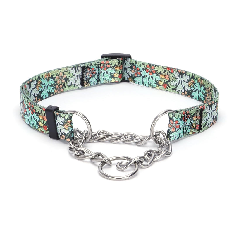 Martingale Dog Collar - Stainless Steel Chain, No Pull Training Collar with Flower Design for Large Medium Small Dogs (S, Green) S