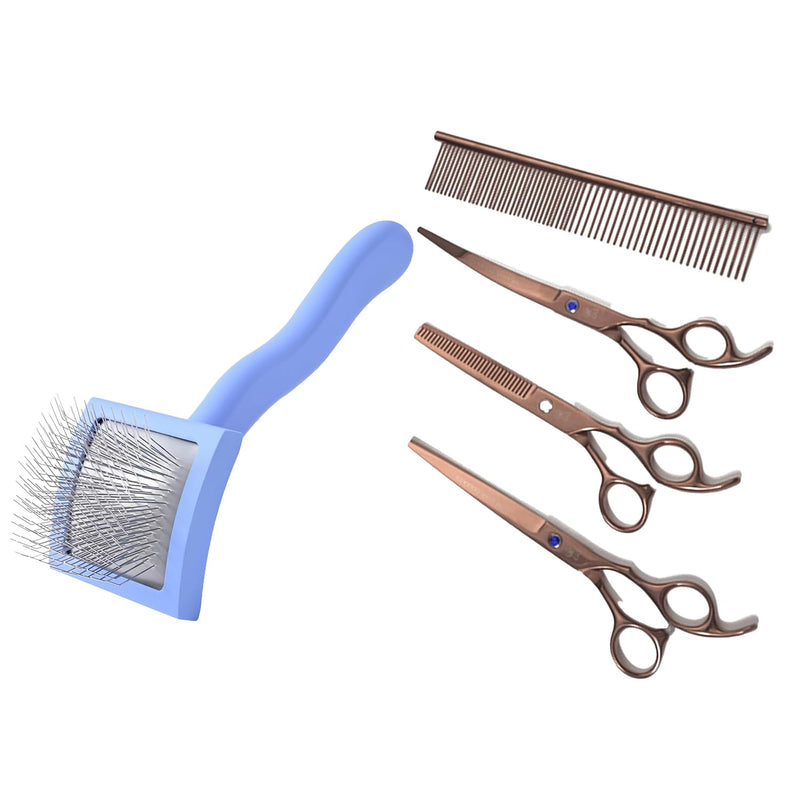 We Love Doodles Small Curved Slicker Brush and Grooming Scissors Kit Bundle - Soft Pin Goldendoodle Brush and Dog Grooming Scissors Kit - Brush for Dematting & Shedding - Made in USA - PawsPlanet Australia