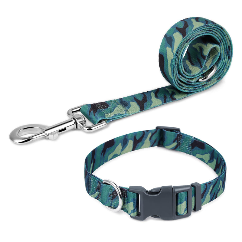 Print Patterned Dog Collar Leash Set, Adjusted Quick-Release Plastic Buckles and Heavy-Duty Steel D-Ring Nylon Collar Leash Set Strong Durable, Green Camo,M Medium Set - PawsPlanet Australia