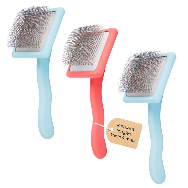 Pet Slicker Brush With Soft Massage Grooming Stainless Steel Pins - For Dematting, Shedding Fur, and Undercoat - Ideal Gift for Professional Pet Groomers - Long Slicker Brush - Flying Pawfect Flat Large (3-Pack) Coral & Baby Blue - PawsPlanet Australia