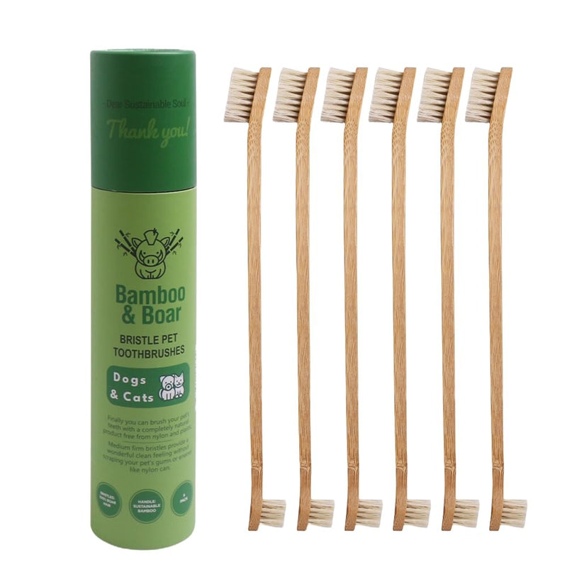 Gaia Guy Bamboo and Boar Bristle Double-Sided Pet Toothbrushes - 6-Pack - for Dogs, Cats and Planet - Plastic-Free and Nylon-Free Natural Bristles - No Microplastics - PawsPlanet Australia