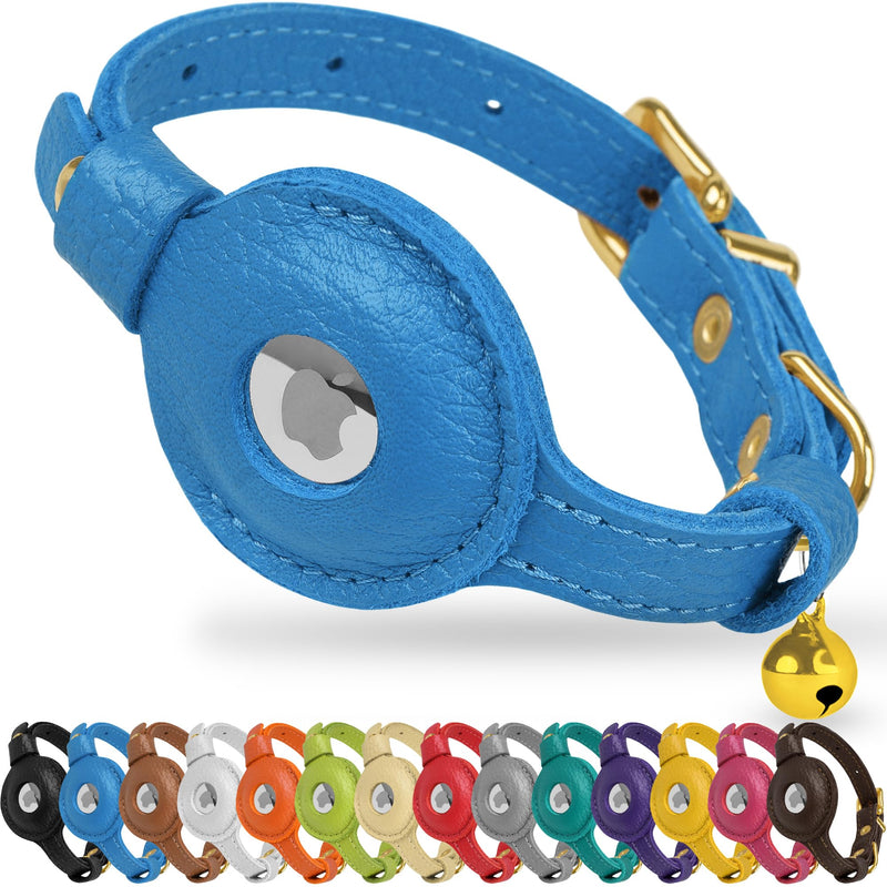 OOPSDOGGY Leather AirTag Cat Collar with Bell - Non Breakaway Kitten Collar with Apple Air Tag Holder - Lightweight GPS Pet Collars for Girl Boy Cats, Small Dogs, Puppies (Blue) Blue - PawsPlanet Australia