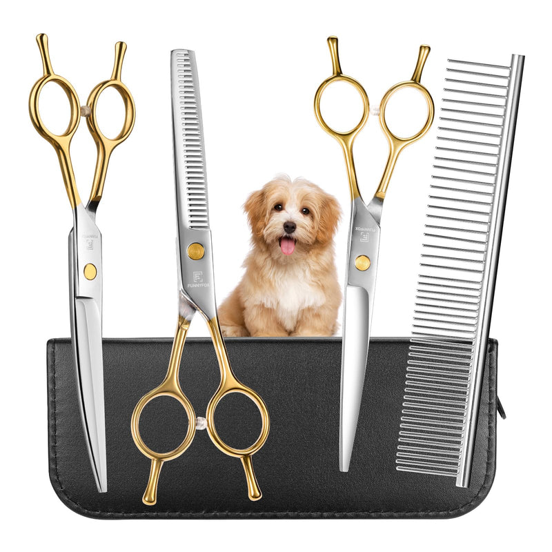 6 in 1 Dog Grooming Scissors Set - Durable Stainless Steel Golden Dog Grooming Shears Curved, Thinning & Straight - Poodle Grooming Kit Dog Groomer Gifts with Safe Tips for Home DIY/Professional Use - PawsPlanet Australia