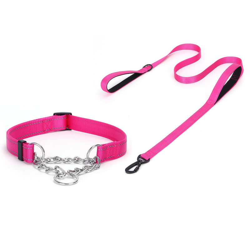Martingale Dog Collar with Stainless Steel Chain and Leash Set, Martingale Collar with Reflective, 5FT Double Handle Dog Leash Padded, Adjustable for Medium Large Dogs (Hot Pink, M) Hot Pink - PawsPlanet Australia