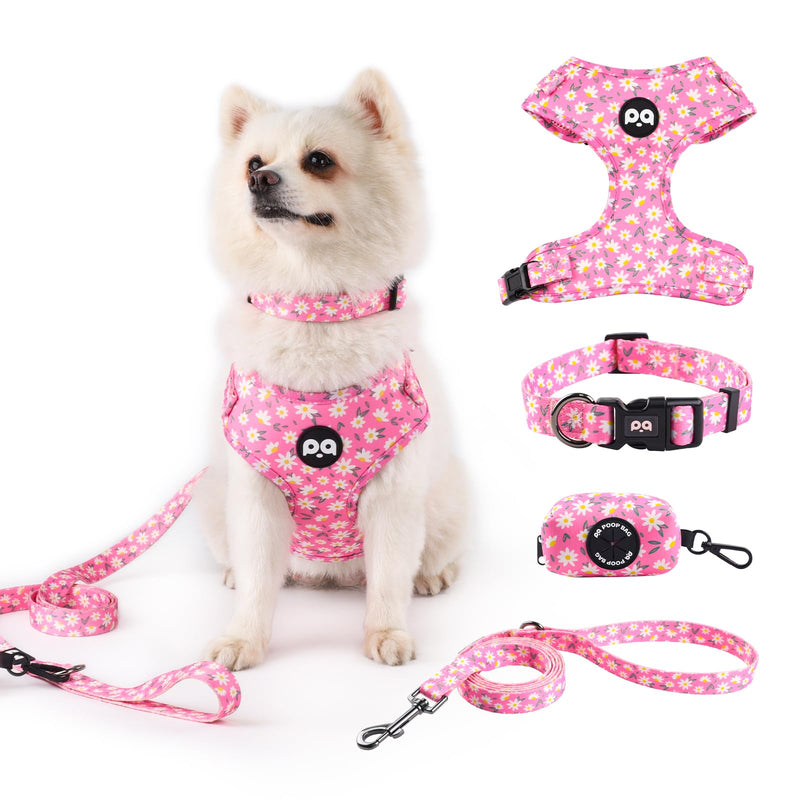QQPETS Dog Harness Collar Leash with Poop Bag Holder 4 PCS Set, Adjustable No Pull Soft Mesh Padded Vest for Small Medium Large Pet Puppy Outdoor Walking (Daisy Pink, M (Chest 17”-24”)) M (Chest 17”-24”) Daisy Pink - PawsPlanet Australia