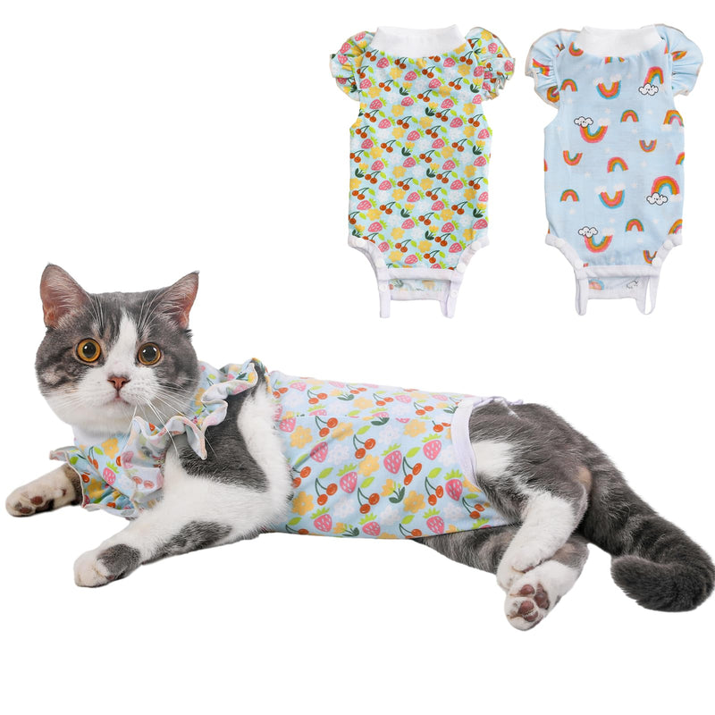 Yeapeeto Cat Recovery Suit 2 Packs After Surgery Bodysuit for Cats, E-Collar Substitute Keep from Licking Abdominal Wounds, Kitten Breathable Clothes, Warm After Shaving (Small) Small Rinbow+Fruit - PawsPlanet Australia