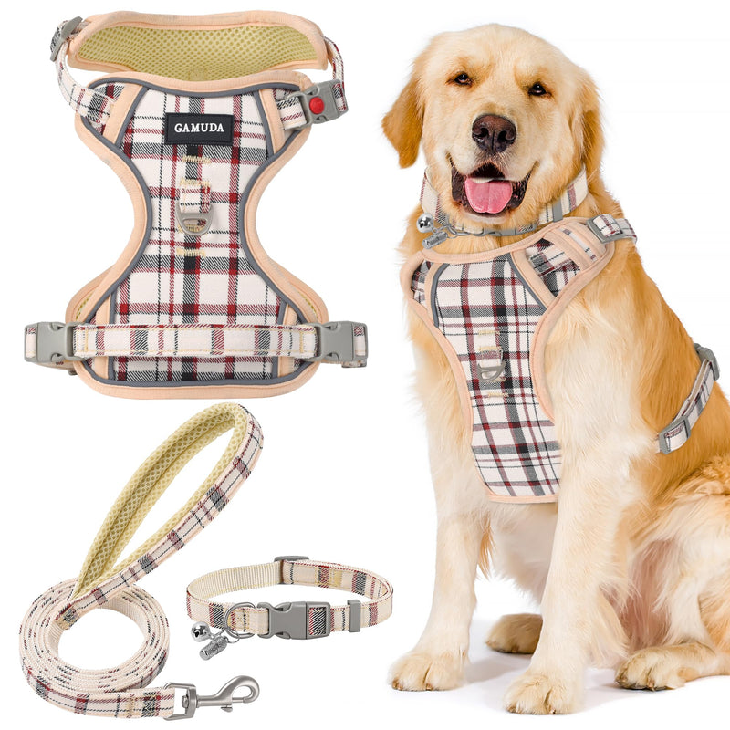 GAMUDA Dog Harness Collar and Leash Set, Dog Harness, No Chock No Pull Adjustable Vest Harnesses Plaid Reflective for Medium Dog, Cat, Small Horse, Small Bull and Pig (Beige, M) Beige - PawsPlanet Australia