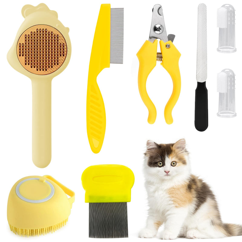 VCZONE 8 Pcs Cat Brush Grooming Kits, Pet Self Cleaning Kit with Pet Nail Clipper and File, Flea Comb, Pet Shampoo Bath Brush, Pet Shedding Brush, Silicone Toothbrush (Yellow) Yellow - PawsPlanet Australia