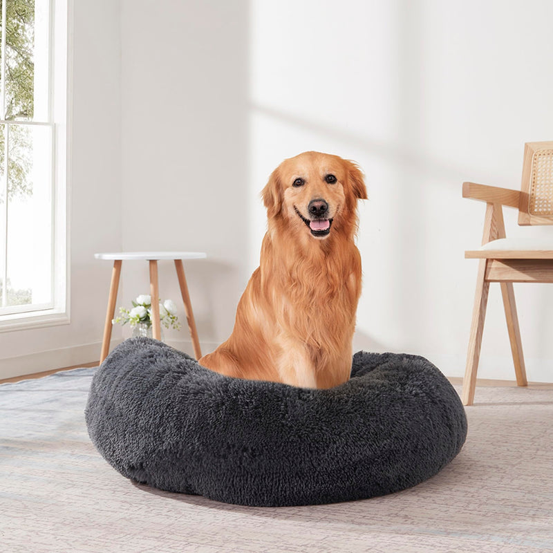 Dog & Cat Bed: Round Faux Fur Pet Bed - Plush, Cozy, & Calming Donut Bed for Large Pets - Soft & Comfortable Sleeping Cushion for Napping & Lounging, 30" Round, Dark Gray - PawsPlanet Australia