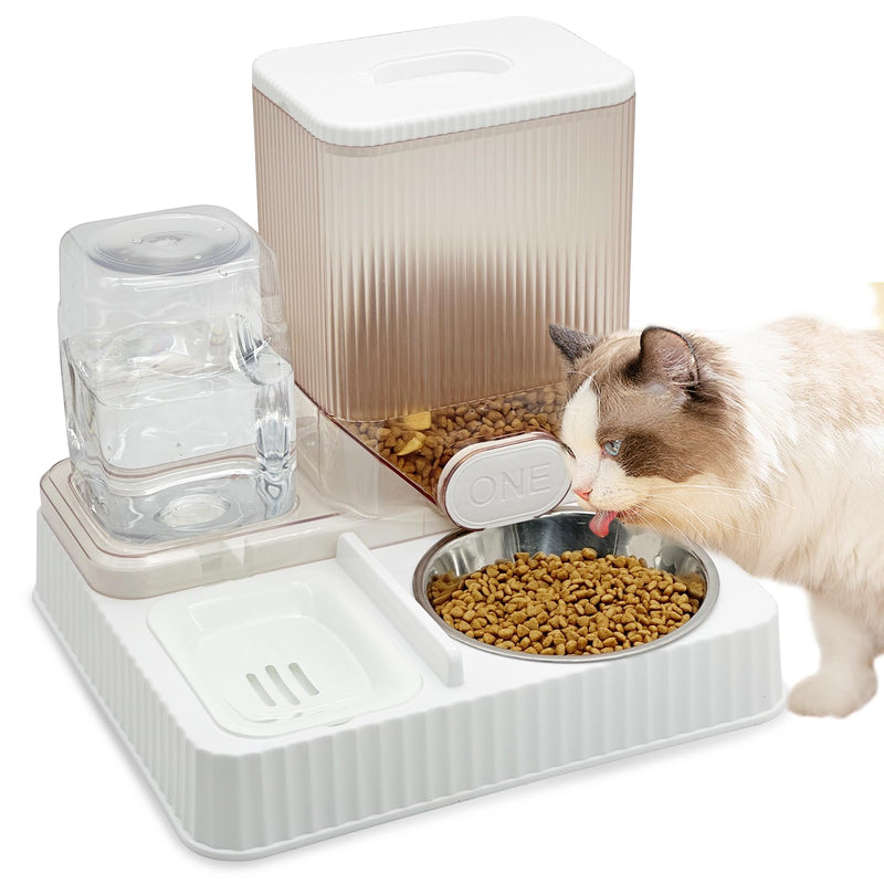 Fhiny Gravity Cat Feeder & Water Dispenser, 2 in 1 Automatic Puppy Waterer Removable Stainless Steel Food Bowls Set Self Feeding Pet Food Storage for Cat Kitten Puppy Easy Clean (White) Style E White-Metal Bowl - PawsPlanet Australia