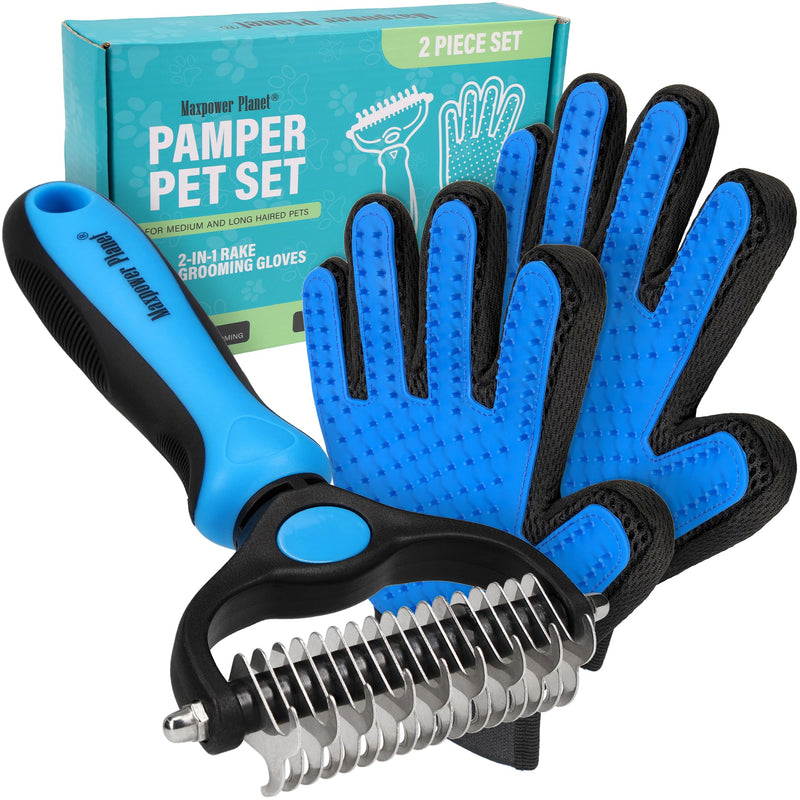 Maxpower Planet Pet Grooming Brush and 2X Grooming Gloves Combo - Double Sided Dematting, Deshedding Undercoat Rake for Dogs and Cats - Reduce Shedding Easily - Blue A1 - Rake & Glove (Best Value) - PawsPlanet Australia