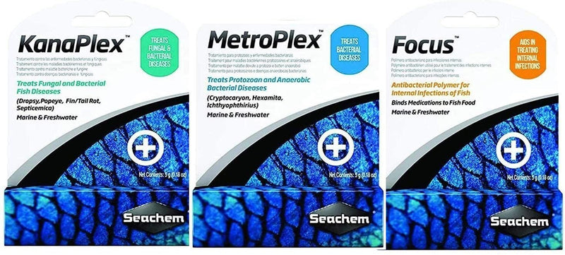 Metroplex METRONlDAZOLE Focus Kanaplex Paraguard Neoplex Sulfaplex Polyguard Garlic Guard Saltwater Freshwater Aquarium lnfection ANTlBlOTlC (Metroplex + Kanaplex + Focus)