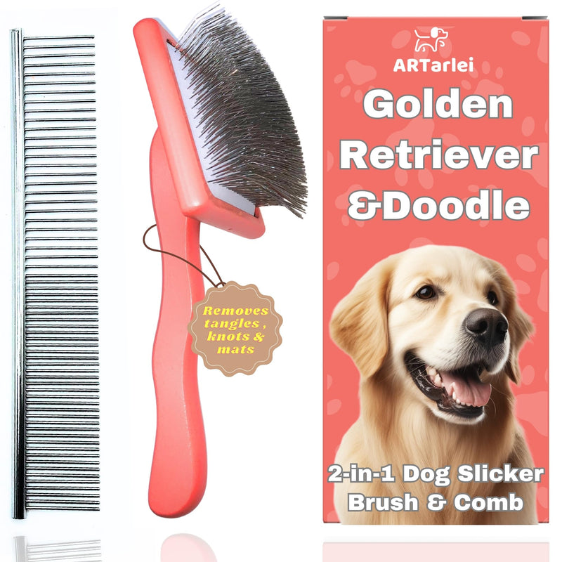 2-in-1 Dog Slicker Brush & Comb for Golden Retriever & Doodle - Easy Detangling & Deshedding, Tailored for Matted Coats of Long Curly Haired Doodle Mixes - Effortless Tangle-Free Grooming Large Coral - PawsPlanet Australia