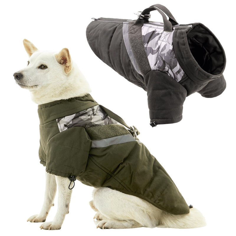 Gooby Mountaineer Jacket Camo - Olive, Large - Waterproof Reflective Lining Jacket with Lift Handle and Leash Attachments for Small Dog and Medium Dog Large (20.25") - PawsPlanet Australia