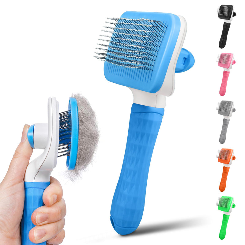 Dog & Cat Brush, Self Cleaning Slicker Brush for Pets, Upgraded Dog Brush for Shedding Massaging and Grooming, Removes Loose Undercoat & Portable Comb for Long Short Haired Dogs(Blue) Blue