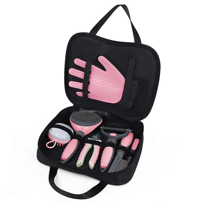 Wisedog Pet Grooming Kit - Nail Clipper Set, Dematting & Hair Removal Combs, Bath Brush, Mitts (Upgraded Pink) Upgraded Pink - PawsPlanet Australia