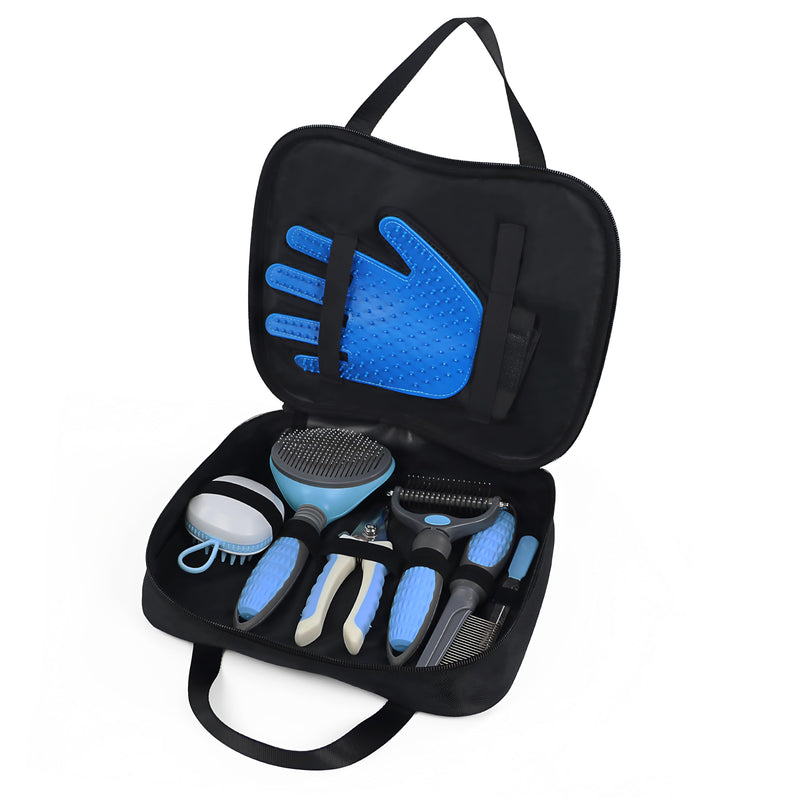 Wisedog Pet Grooming Tool Kit - Nail Clipper Set, Dematting & Grooming Combs, Bath Brush, Hair Removal Mitts (Upgraded Blue) Upgraded Blue - PawsPlanet Australia