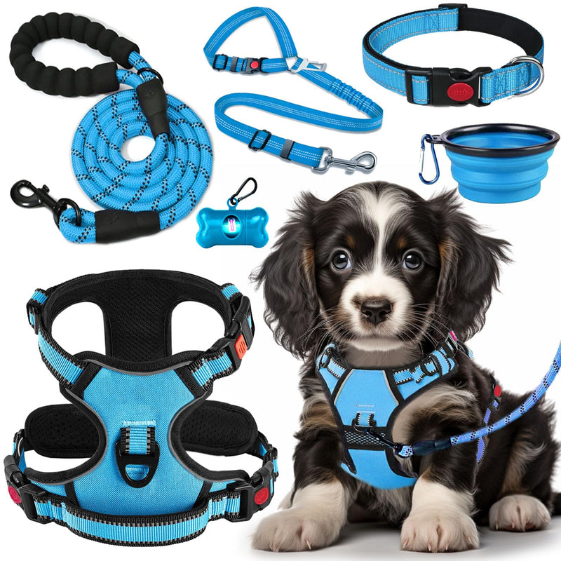 No Pull Dog Harness, Collar & Leash Set | Includes Dog Seat Belt, Collapsible Bowls & Poop Bag Dispenser. Ideal for Training, Walking, Hiking. Fits Small to Large Dogs(Blue-S) Blue - PawsPlanet Australia