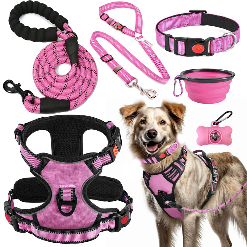 No Pull Dog Harness, Collar & Leash Set | Includes Dog Seat Belt, Collapsible Bowls & Poop Bag Dispenser. Ideal for Training, Walking, Hiking. Fits Small to Large Dogs(Pink-L) Pink - PawsPlanet Australia