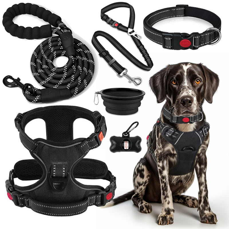 No Pull Dog Harness, Collar & Leash Set | Includes Dog Seat Belt, Collapsible Bowls & Poop Bag Dispenser. Ideal for Training, Walking, Hiking. Fits Small to Large Dogs(Black-M) Medium Black - PawsPlanet Australia