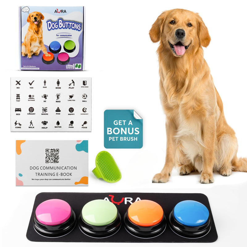 Dog Buttons for Communication, 4 Dog Talking Button Set Playback Your Message, 30s Recordable Button, Talking Buttons for Dog with Waterproof Anti-Slip Dog Button Mat & 24 Scene Stickers (4 PCs) 4 PACK - PawsPlanet Australia