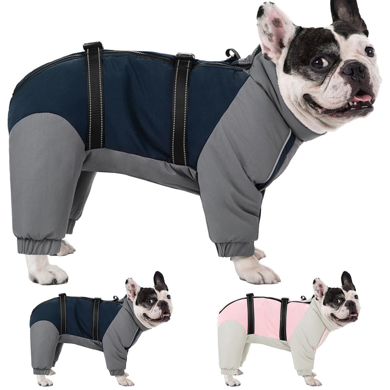 KOESON Four Legged Winter Dog Jacket with Adjustable Buckles, Turtleneck Windproof Fleece Jacket, Reflective Fullbody Puffer Coat Blue Grey L Large
