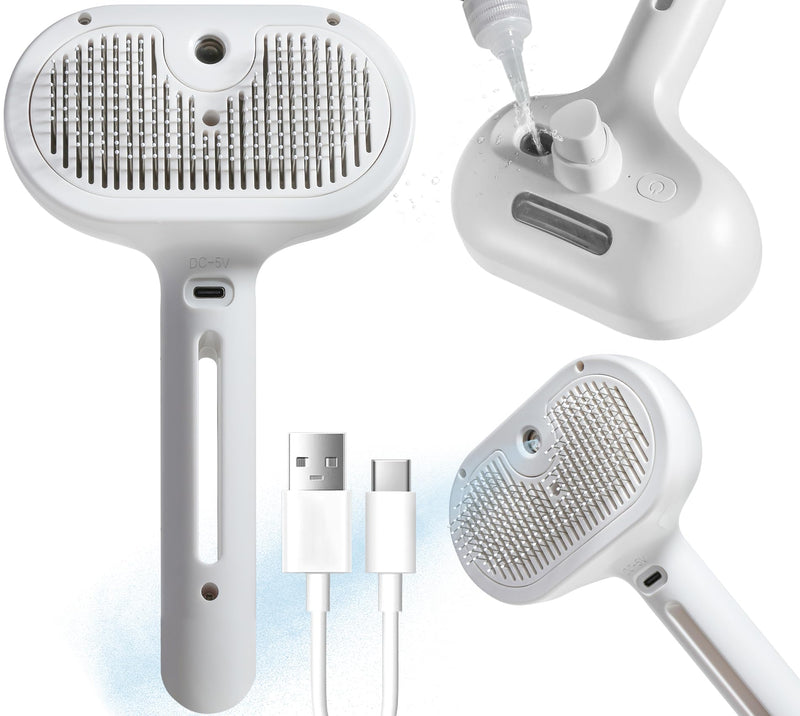 Spray Cat Pet Grooming Brush with Water Sprayer - Hair Removal Comb for Cats and Dogs, White Shedding and Bath Brush with Steam Release c white withyt - PawsPlanet Australia