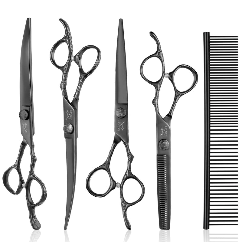 JASON Dog Grooming Scissors Set Professional 6 in 1 Dog Shears Kit - 6.5" Thinning, 7" Straight, 7" Up-Curved, 7" Down-curved Shears and Comb for Cat Pet with Adjustable Screw (Black) Christmas Black - PawsPlanet Australia