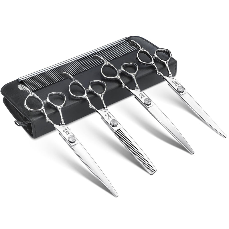 JASON Dog Grooming Scissors Kit, Professional 6 in 1 Dog Scissors Set - 6.5" Thinning, 7" Straight, 7" Up-Curved, 7" Down-curved Shears and Comb for Dog Cat Pet (Silver) Silver - PawsPlanet Australia