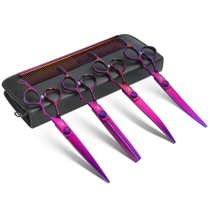 JASON Dog Grooming Scissors Set - Professional 6 in 1 Dog Shears Kit - 6.5" Thinning, 7" Straight, 7" Up-Curved, 7" Down-curved Scissors and Comb for Dog Cat Pet with Adjustable Screw (Purple) Purple - PawsPlanet Australia