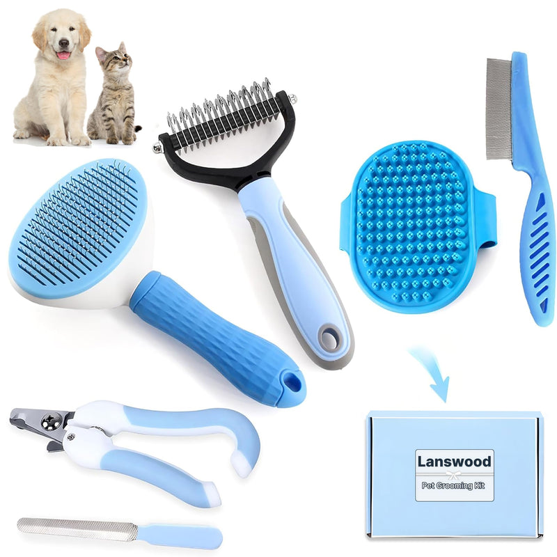 Dog Brush Dog Grooming Kit 6PCS Dog Brush for Shedding-Dog Brushes for Grooming, Dematting Comb for Dogs, Cat Nail Clipper with Nail File, Flea Comb, Bath Brush(Blue) Blue