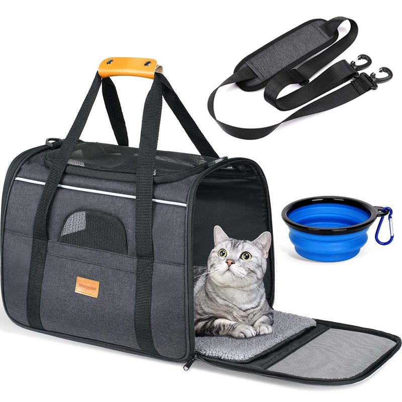 Morpilot Cat Carrier Soft - Portable Pet Carrier for Small or Medium Cats, Dogs and Puppy up to 14lbs, Airline Approved Dog Carrier with Safety Buckle and Foldable Bowl - 17 x 11 x 12 Inch (Dark Gray) 17.2"L x 10.8"W x 11.6"H Gray & Bowl - PawsPlanet Australia