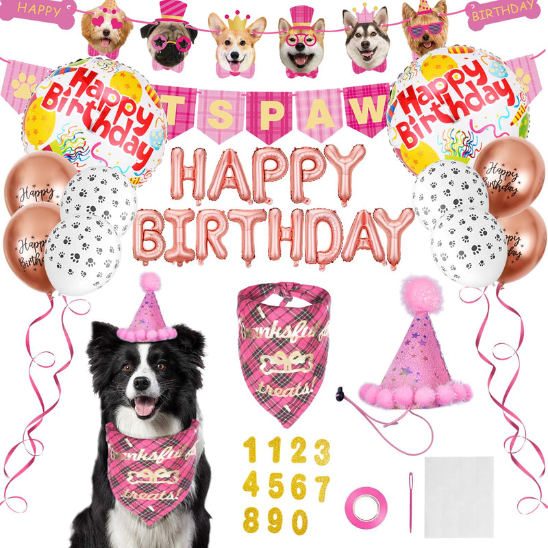 Dog Birthday Decorations Girl, Dog Birthday Party Supplies, Dog Birthday Bandana Pink Dog Birthday Hat with Numbers, Dog Birthday Banner LETS PAWTY and HAPPY BIRTHDAY Balloons Dog Birthday Girl Outfit - PawsPlanet Australia