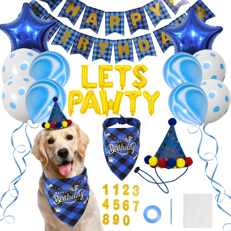 Dog Birthday Decorations Boy, Dog Birthday Bandana Blue Dog Birthday Hat with Numbers, Dog Birthday Banner HAPPY BIRTHDAY and LETS PAWTY Balloons for Dogs Birthday Party Supplies for Cat Dog Birthday Boy Outfit - PawsPlanet Australia