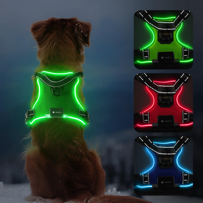 MASBRILL Lighted Dog Harness - No Pull, Adjustable Glowing Harness for Small to Large Dogs with Handle, Rechargeable LED Light S Green - PawsPlanet Australia