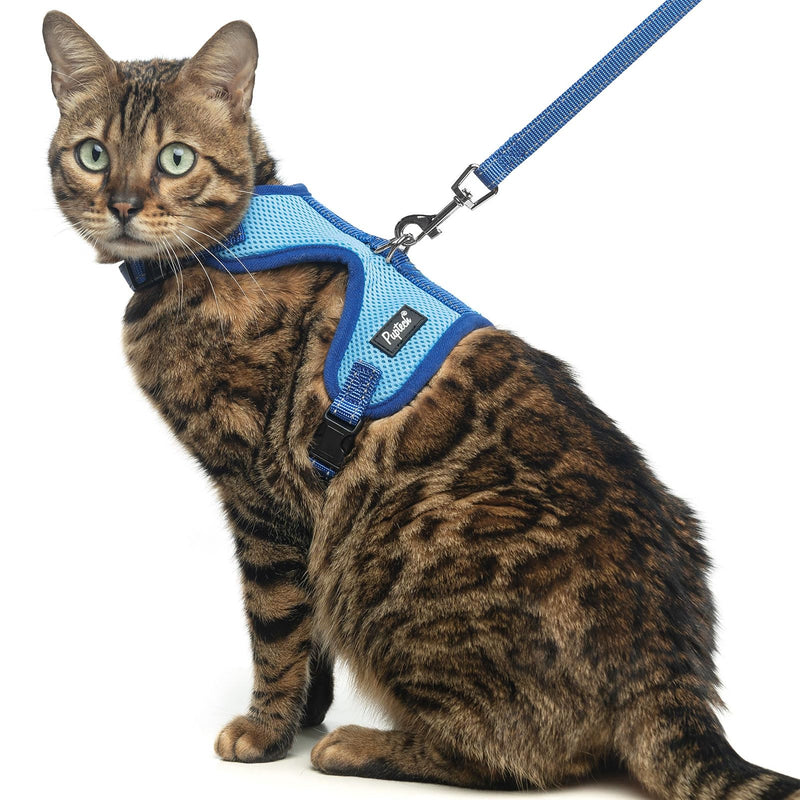 PUPTECK Cat Harness and Leash Set Escape Proof, Reflective Adjustable Soft Mesh Kitten Vest Harness for Walking Travel, Blue, M Medium - PawsPlanet Australia