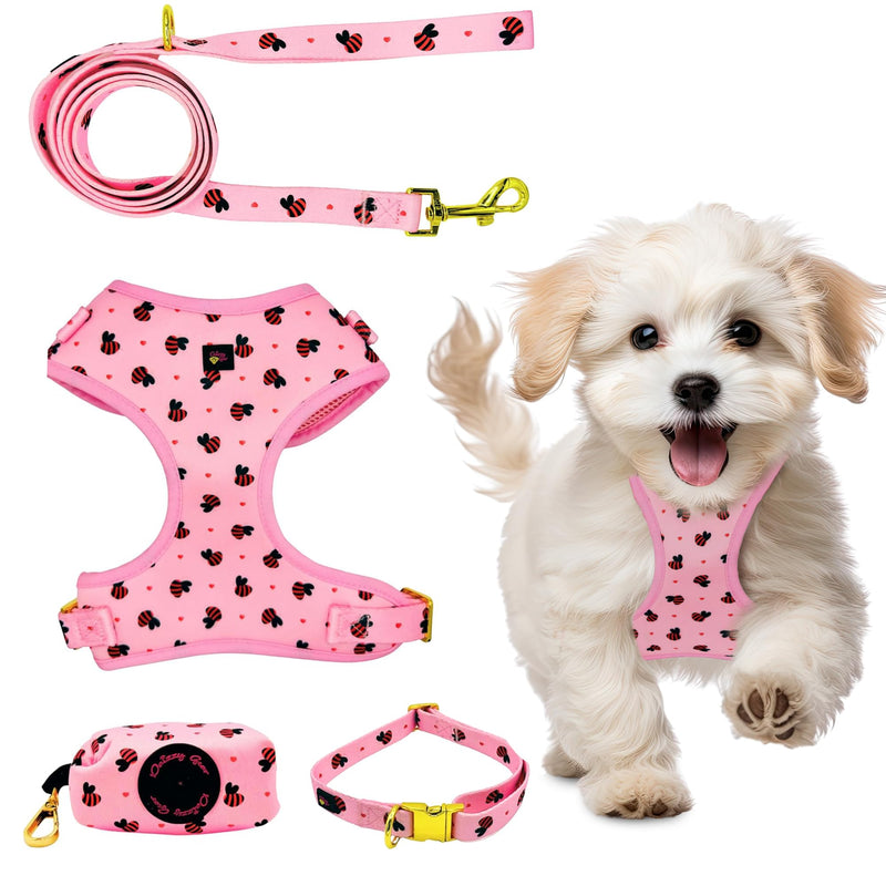 Medium Dog Harness and Leash Set – No Pull Harness, Leash, Collar & Poop Bag Holder – Matching Set with Gold Hardware – Breathable, Adjustable, Stylish, and Comfortable for Daily Walks - Pink Bees Medium - PawsPlanet Australia